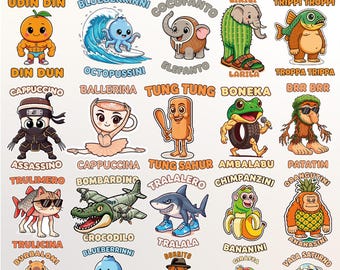 Paquete PNG de Brainrot italiano, 20 personajes divertidos de Brainrot, imágenes prediseñadas de memes para pegatinas y camisetas, Tung Tung Sahur