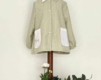 Gingham School Smock Apron: Light Green Cotton Dress, Size 2-3 Years, 100% cotton