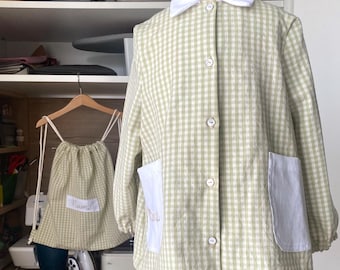 Gingham School Smock Apron: Light Green Cotton Dress, Size 2-3 Years, 100% cotton