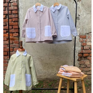 Gingham School Smock Dress: 100% GOTS Cotton Apron, Made in Italy. Customizable