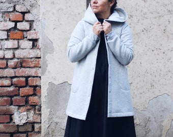 Fleece long hoodie duster. Fleece coat. Organic cotton. Made to measure