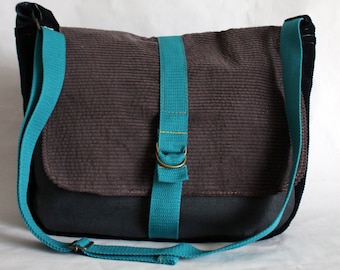 Corduroy messenger bag. Crossbody bag. Vegan no leather. One of a kind. Handmade using a variety of upcycled cloth.