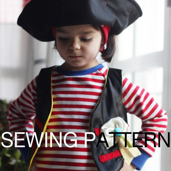Cartamodello per costume da pirata. Include tricorno, gilet e accessori. Taglie da 12 mesi a 10 anni