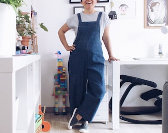 Denim dungarees and jumpsuit. Denim fabric bright blue. Made to order.