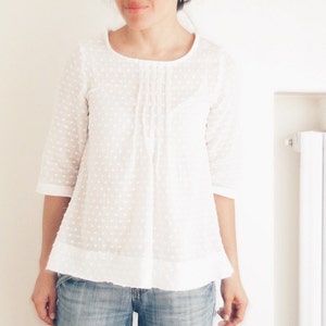 White pleated blouse 100% cotton. Swiss dots fabric. GOTS certified. Made in Italy. image 1