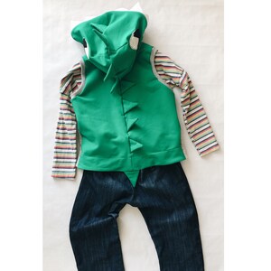 Puede incluir: Chaleco de dinosaurio verde con capucha y cola, usado sobre una camisa de manga larga a rayas y pantalones vaqueros azules.