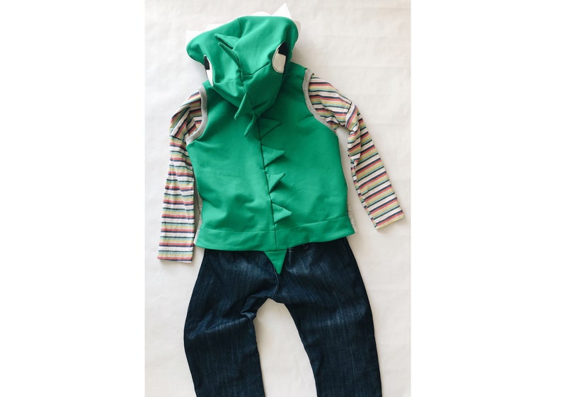 Puede incluir: Chaleco de dinosaurio verde con capucha y cola, usado sobre una camisa de manga larga a rayas y pantalones vaqueros azules.