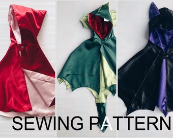 May include: Three different sewing patterns for capes with hoods. The first cape is red with a pink lining. The second cape is green with a yellow lining and has a dragon tail. The third cape is black with a purple lining and has cat ears. The text "SEWING PATTERN" is at the bottom of the image.
