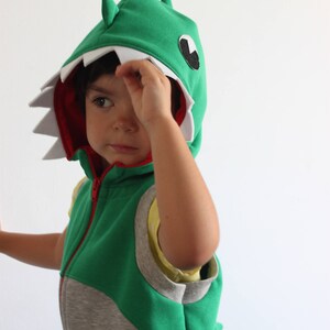 Puede incluir: Un ni&ntilde;o vistiendo un disfraz de dinosaurio verde y gris con una cremallera blanca y un forro rojo. El disfraz tiene una boca grande y dentada y un ojo negro.