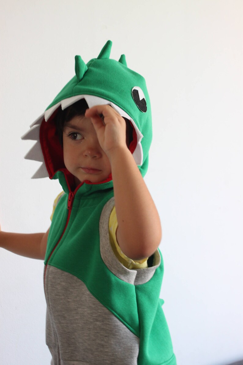 Puede incluir: Un ni&ntilde;o vistiendo un disfraz de dinosaurio verde y gris con una cremallera blanca y un forro rojo. El disfraz tiene una boca grande y dentada y un ojo negro.