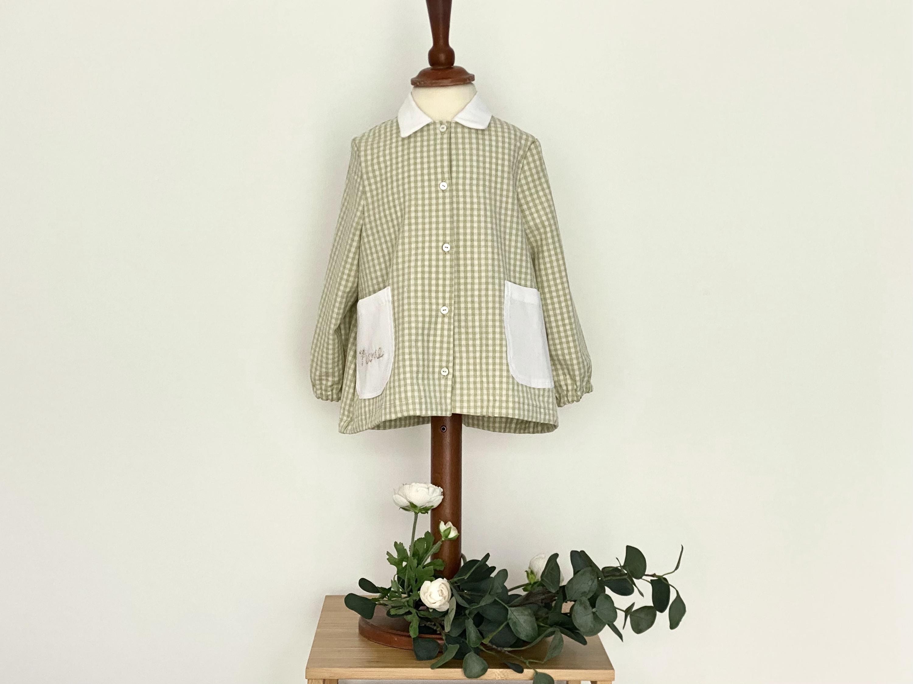 Gingham School Smock Apron: Light Green Cotton Dress, Size 2-3 Years, 100% cotton