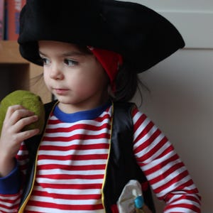 May include: A child in a pirate costume, including a black hat, red and white striped shirt, and a black vest. The outfit includes a red bandana and a green prop. The text in the image says the child is 3 years old and wearing size S.