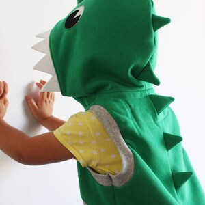 Puede incluir: Un ni&ntilde;o con un disfraz de dinosaurio verde con una cabeza con capucha blanca y una camiseta gris y amarilla debajo.
