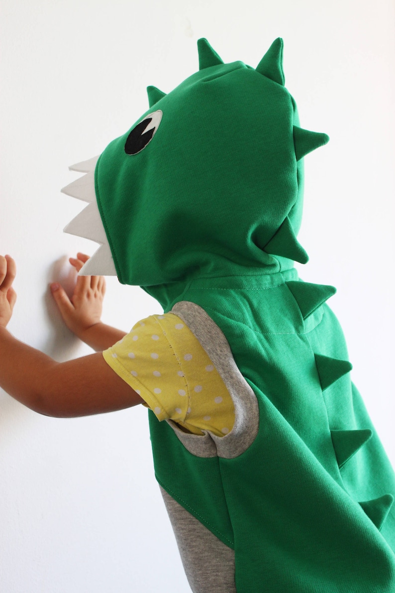 Puede incluir: Un ni&ntilde;o con un disfraz de dinosaurio verde con una cabeza con capucha blanca y una camiseta gris y amarilla debajo.