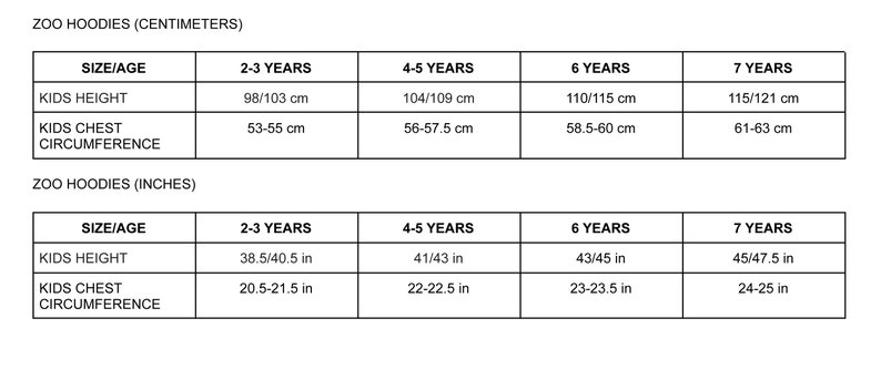 Puede incluir: Tabla de tallas para sudaderas con capucha para ni&ntilde;os en cent&iacute;metros y pulgadas. La tabla muestra el rango de tallas para 2-3 a&ntilde;os, 4-5 a&ntilde;os, 6 a&ntilde;os y 7 a&ntilde;os. La tabla incluye medidas para la altura de los ni&ntilde;os y la circunferencia del pecho.