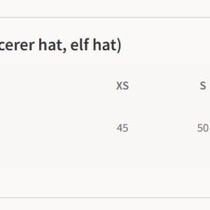 May include: Image shows a size chart for kids' hats, including pirate, sorcerer, and elf hats. The chart lists sizes XS, S, M, and L, with corresponding head circumference measurements in centimeters: 45, 50, 53, and 56.