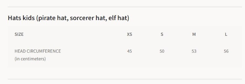 May include: Image shows a size chart for kids' hats, including pirate, sorcerer, and elf hats. The chart lists sizes XS, S, M, and L, with corresponding head circumference measurements in centimeters: 45, 50, 53, and 56.