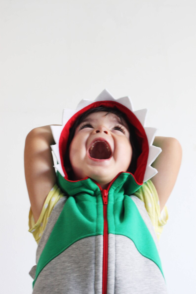 Puede incluir: Un ni&ntilde;o lleva una sudadera con capucha verde, gris y roja con una cabeza de dinosaurio blanca y roja en la capucha. El ni&ntilde;o est&aacute; mirando hacia arriba y tiene la boca abierta en una amplia sonrisa.