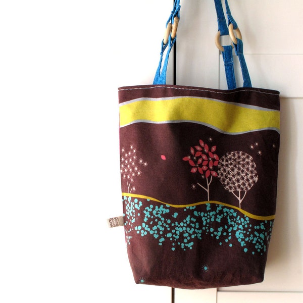 Bag tote, shoulder bag. Echino fabric by Etsuko Furuya design. Linen and cotton blend. Ready to ship.