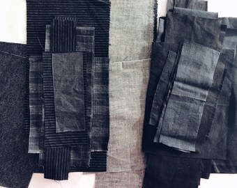 Fabric sewing bundle. Black linen and cotton fabric scraps. Fabric remnants. Bundle number 2