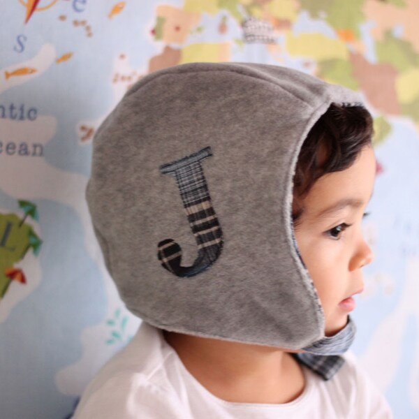 Monogram pilot cap, old fashioned aviator hat for boys. Warm gray fleece and blue plaid cotton flannel. Sizes 6m to 6y. Made to order.