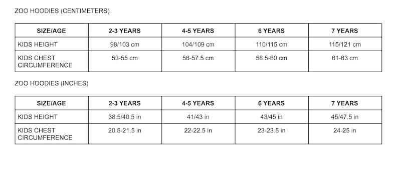 Puede incluir: Tabla de tallas para sudaderas con capucha para ni&ntilde;os en cent&iacute;metros y pulgadas. La tabla muestra el rango de tallas para 2-3 a&ntilde;os, 4-5 a&ntilde;os, 6 a&ntilde;os y 7 a&ntilde;os. La tabla incluye medidas para la altura de los ni&ntilde;os y la circunferencia del pecho.