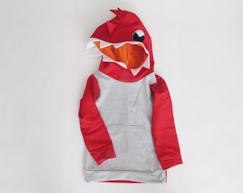 Red Dinosaur Hoodie: Bio Cotton Blend Sweatshirt, Size 2-3 Years, Halloween costume