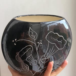 May include: A round, glossy black ceramic planter with a wide opening and a cream-colored interior. The exterior features a hand-etched, white line drawing of morning glory flowers, stems, and leaves wrapping around the curved surface.