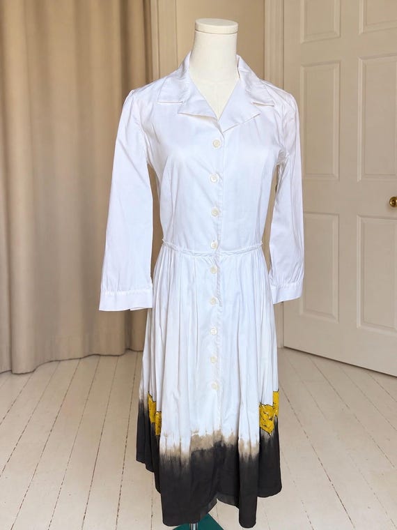 Prada, Vintage Prada Dress Early 2000s Italian Cotton Shirt Dress Yellow Beaded Appliqué Dip Dye Hem IT 38