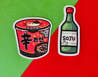 Soju, Stickers ramen instantanés | Découpes imperméables en vinyle mat | Cuisine coréenne