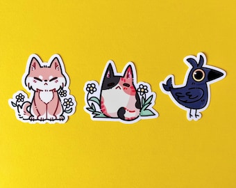 Stickers animaux mignons fleurs | Découpes imperméables en vinyle mat | Shiba Inu - Chat calicot - Corbeau