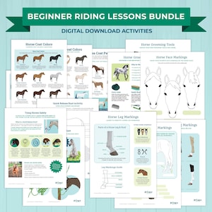 Puede incluir: Un conjunto de actividades de descarga digital para lecciones de equitación para principiantes. El paquete incluye hojas educativas sobre los colores del pelaje del caballo, herramientas de aseo, marcas faciales, marcas de las patas y cómo atar a los caballos de forma segura. El banner del título dice "Beginner Riding Lessons Bundle".