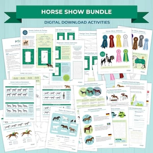 May include: A collection of digital download activities for a horse show bundle. The bundle includes arena letters and terms, arena exercises, horse show ribbons, and horse gaits and movement. The documents are white with green and blue accents.