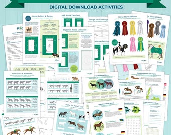 May include: A collection of digital download activities for a horse show bundle. The bundle includes arena letters and terms, arena exercises, horse show ribbons, and horse gaits and movement. The documents are white with green and blue accents.