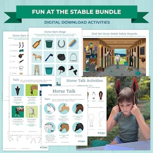 May include: A collection of digital download activities, including a horse barn bingo game and horse talk activities, with the text "Fun at the Stable Bundle". A child is holding horse ear props. The activities are designed for educational purposes.