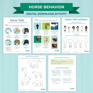 May include: A digital download activity sheet titled "Horse Behavior" with information on horse communication. The sheet includes diagrams of horse ears, tails, and activities to learn about horse behavior. The text includes "Horse Talk" and "Digital Download Activity."