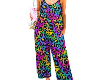 80s Neon Leopard Print Jumpsuit | Comfortable V Neck Jumper with Pockets