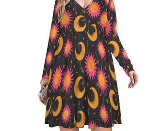Sun Moon Dress V-neck Long Sleeve | Celestial Witchy Dresses | Plus Size Clothing Options