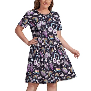 May include: A black skater dress with a repeating pattern of rainbows, hearts, flags, and coffee cups. The dress has short sleeves and a round neckline. The print includes the word "LOVE" on some of the objects.