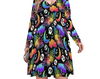 Vestido gótico arcoíris de manga larga con escote en V / Opciones de ropa de talla grande para mujeres góticas con espíritu de bruja