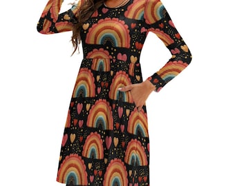 Rainbow Heart Dress | Retro Whimsical Long Sleeve Skater Dress with Pockets