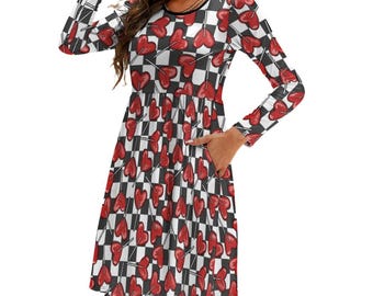 Checkerboard Heart Lollipop Dress with Pockets | Gothic Valentine Long Sleeve Skater Dress