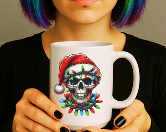 Skull Christmas Mug, 15 oz Large Coffee Cup, Gothic Punk Alternative Mugs