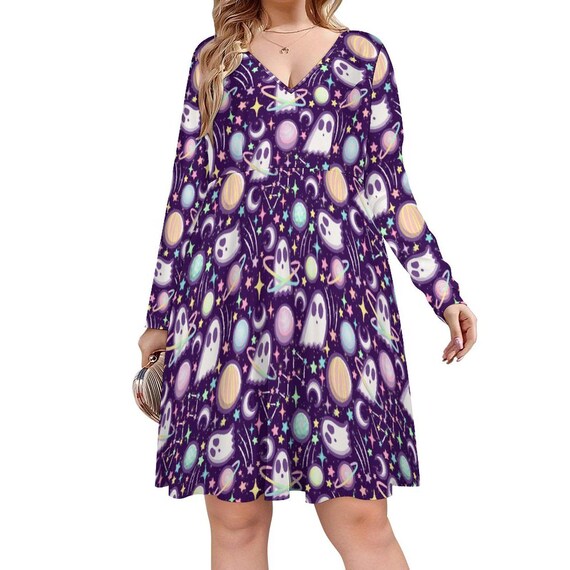 ghost long sleeve dress Xuniizn Long Sleeve Dress for Women, Crew Neck Ghost Print Knee Length Halloween Dress, Soft Comfortable Casual Dress