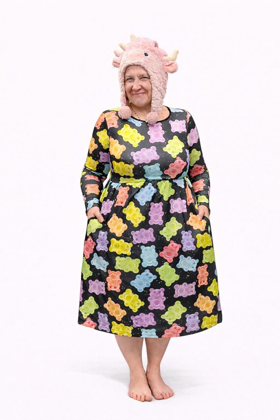 rainbow fashion plus size dresses Unique Vintage Rachel Swing Dress No Cares Rainbow Candy Bears Dress |