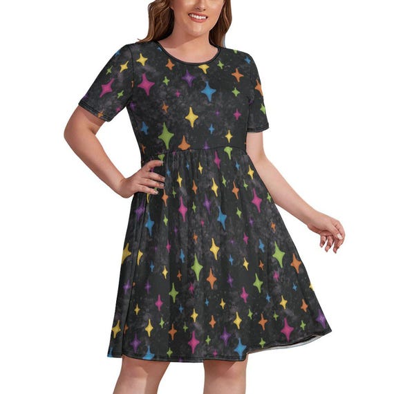 Black and Rainbow Stars Plus Size Round-neck Short Sleeve Dress for Women