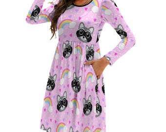 Raccoon Rainbow Dress with Pockets | Long Sleeve Kawaii Skater Dress