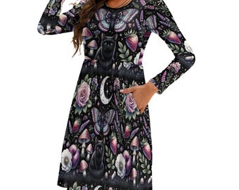 Witchy Black Cat Moon Dress with Pockets | Dark Forest Botanical Dress | Cottagecore Gothic Outfit