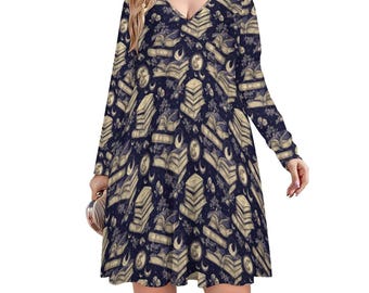 Witchy Book Dress V-neck Long Sleeve | Dark Academia Moon Dresses | Plus Size Options