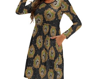 Vestido Mapache Galaxia / Vestidos de Cuello Redondo, Manga Larga y Bolsillos / Opciones de Ropa de Talla Grande